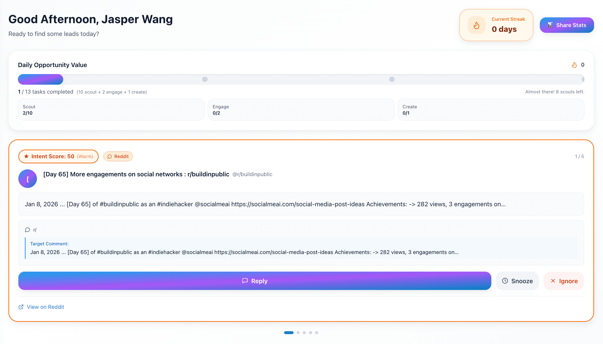 Interactive Dashboard Preview - ZeroToUser daily quest and opportunity view